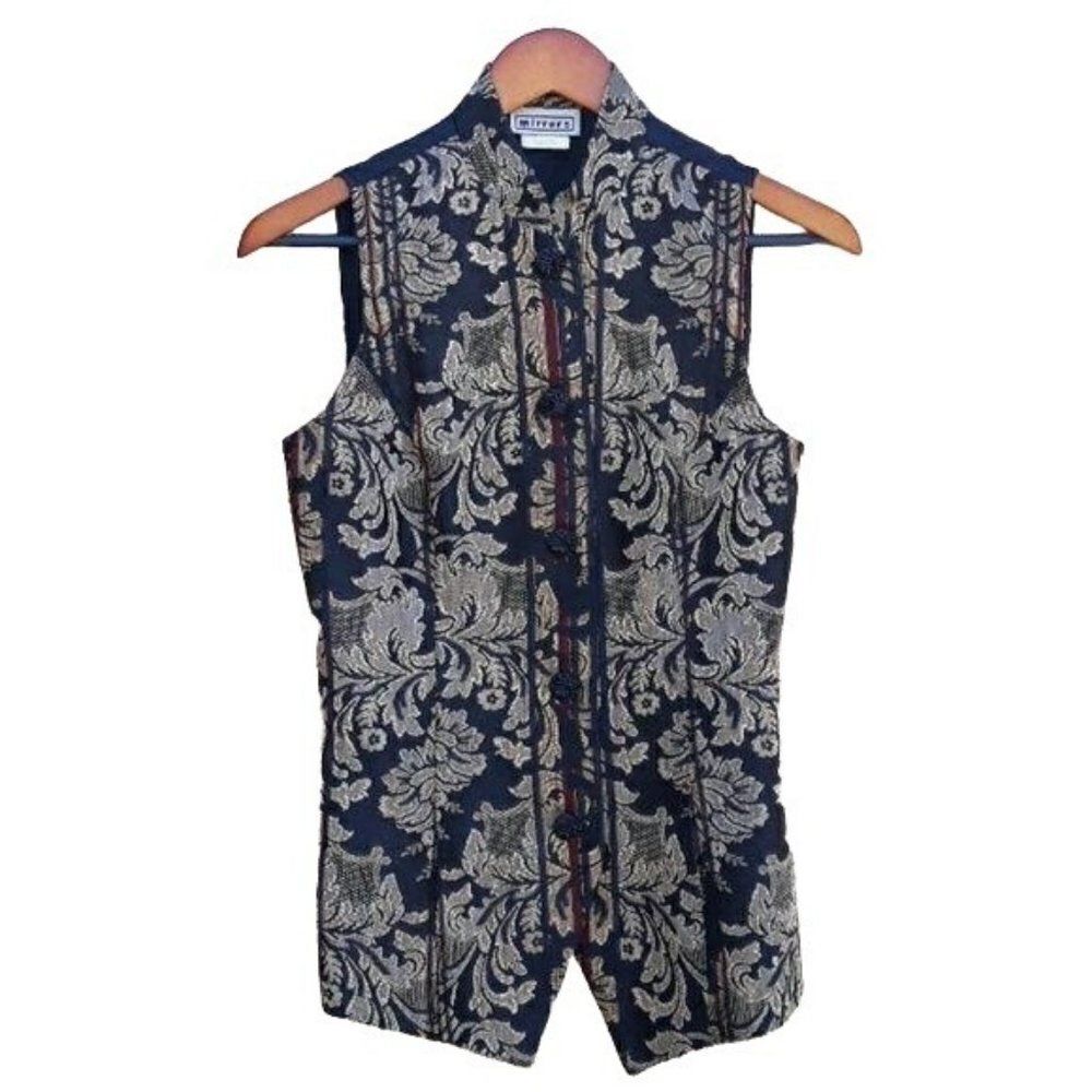Vtg 80's Vest Artsy Tang Suit Mandarin Jacquard Metallic Fleur De Lis Tunic Sz M